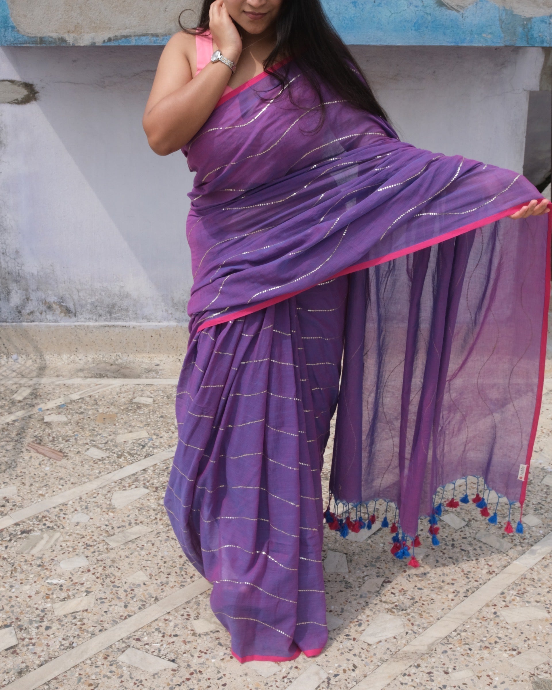 Soft and Comfortable mulmul cotton saree in dual tone purple violet and pink shade with sequin emblishment for festive or party wear at reasonable price