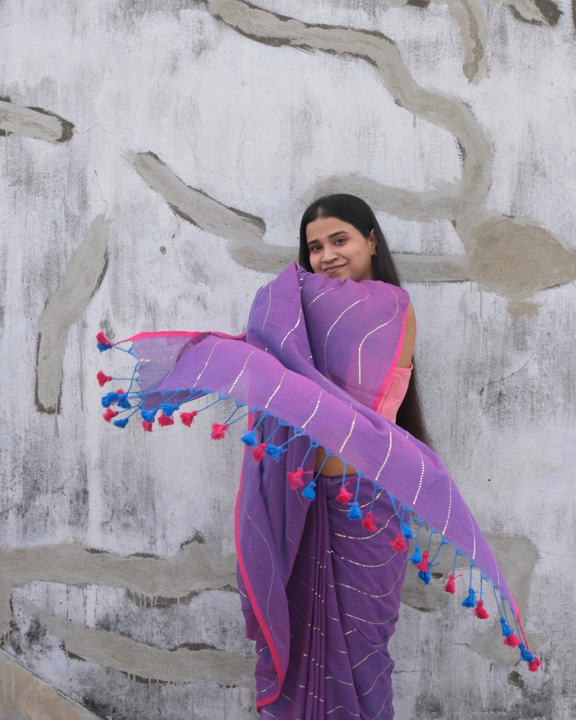 Soft and Comfortable mulmul cotton saree in dual tone purple violet and pink shade with sequin emblishment for festive or party wear at reasonable price