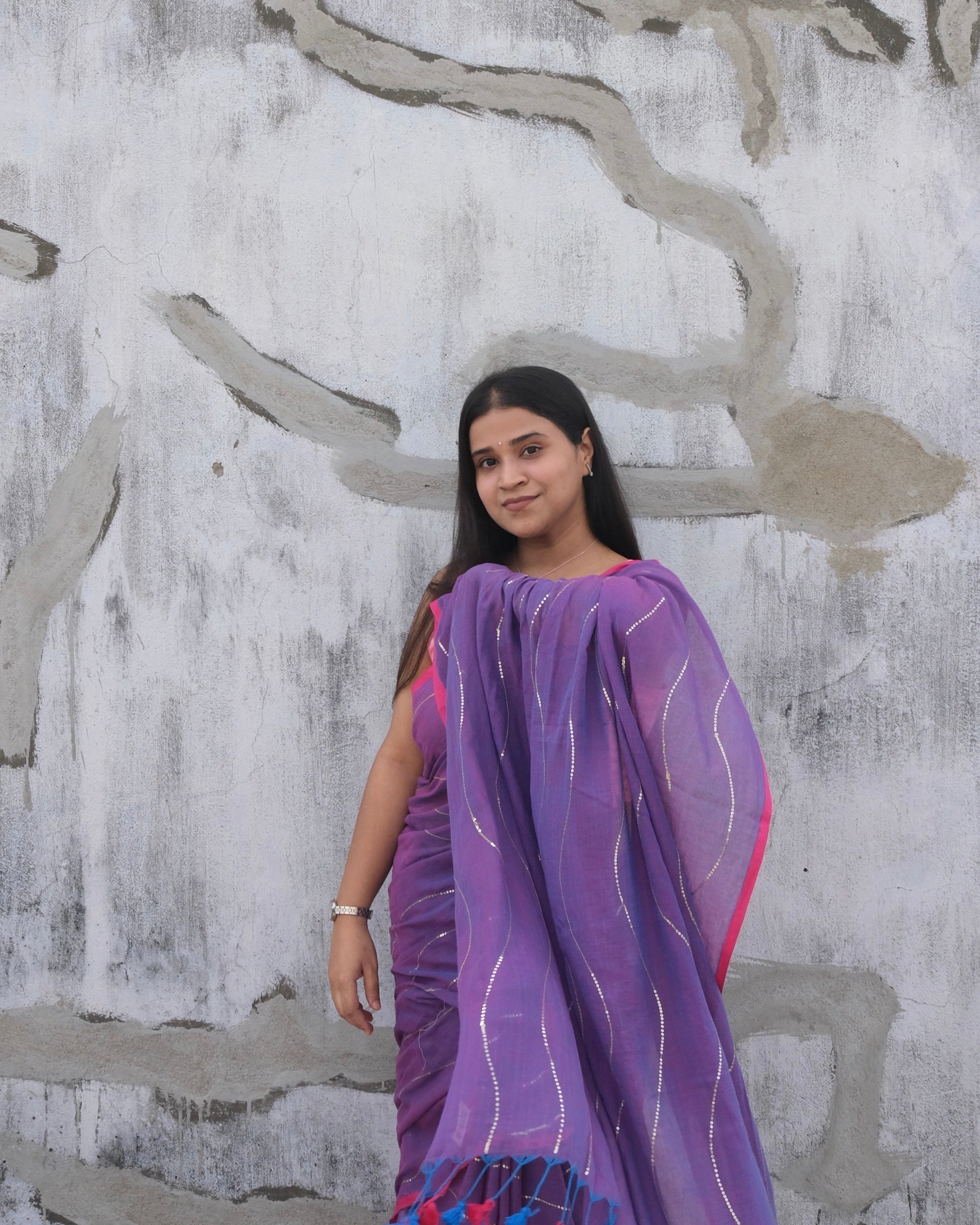 Soft and Comfortable mulmul cotton saree in dual tone purple violet and pink shade with sequin emblishment for festive or party wear at reasonable price