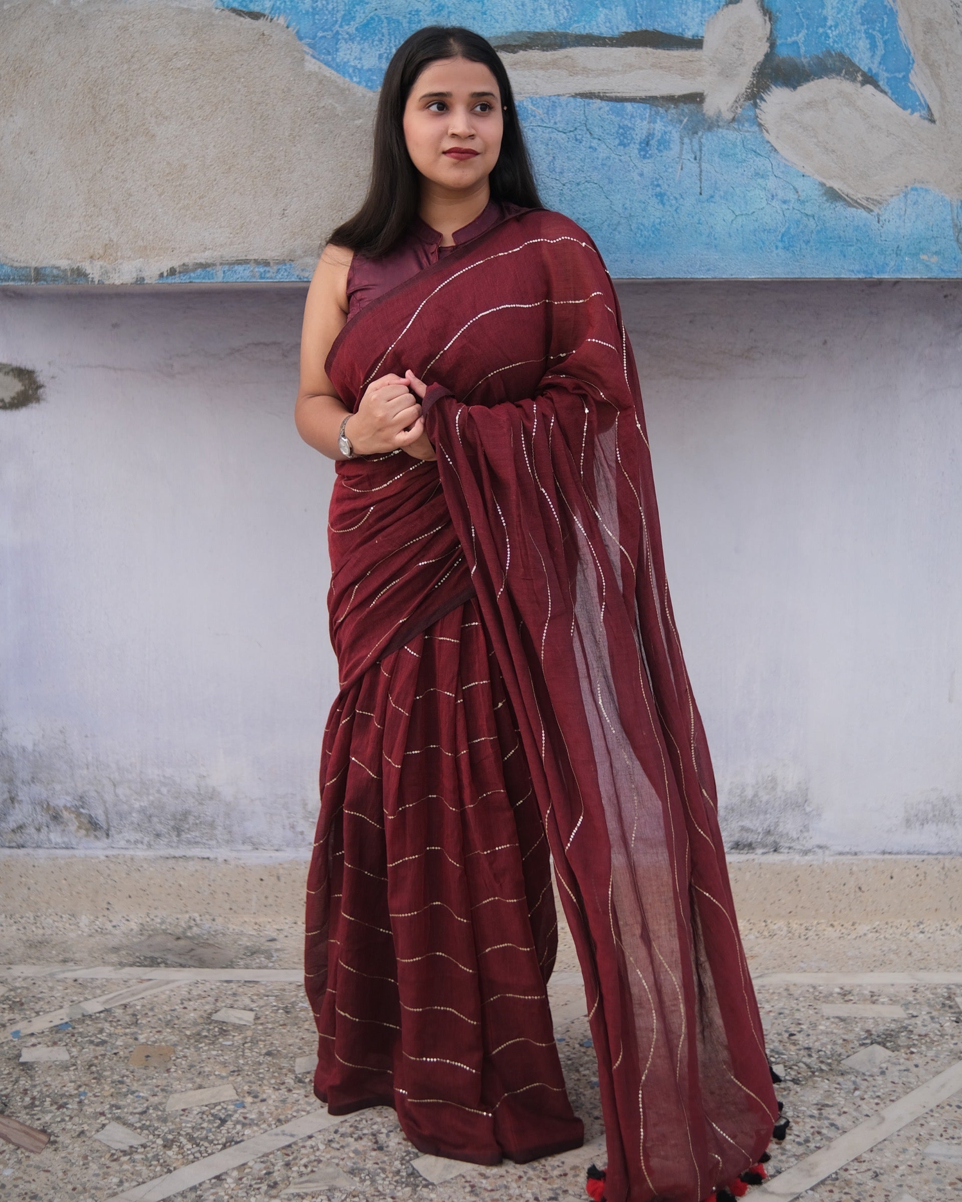Designer maroon mulmul cotton saree by Shopaame for occasion for modern ethnic wardrobes