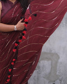 Iris maroon mulmul cotton saree by Shopaame crafted with elegant handcrafted detailing