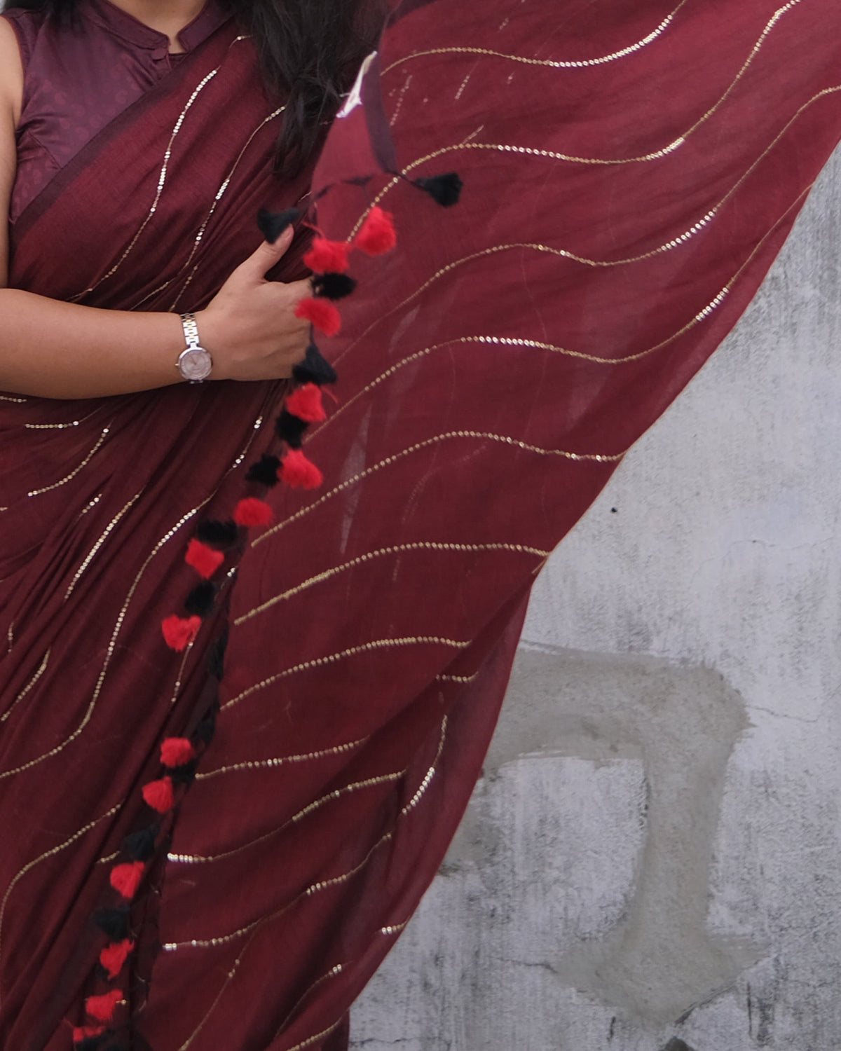 Iris maroon mulmul cotton saree by Shopaame crafted with elegant handcrafted detailing