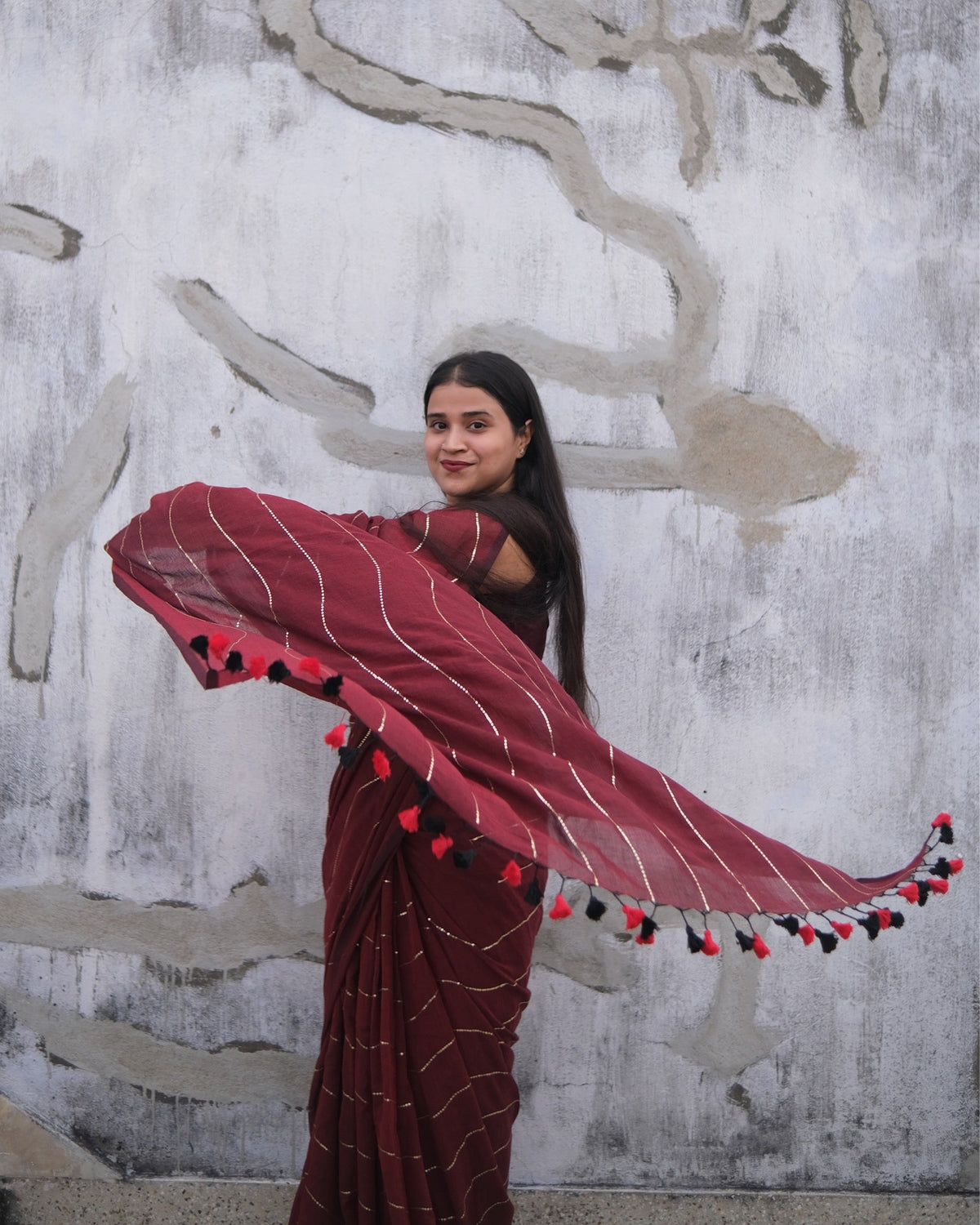 Shop AaMe Iris saree in lightweight maroon mulmul cotton for occasion wear