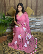 Soft and comfortable light weight pink mulmul cotton saree with floral hand painting good for day time wear
