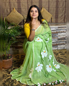 Soft and comfortable light weight light green mulmul cotton saree with floral hand painting good for day time wear