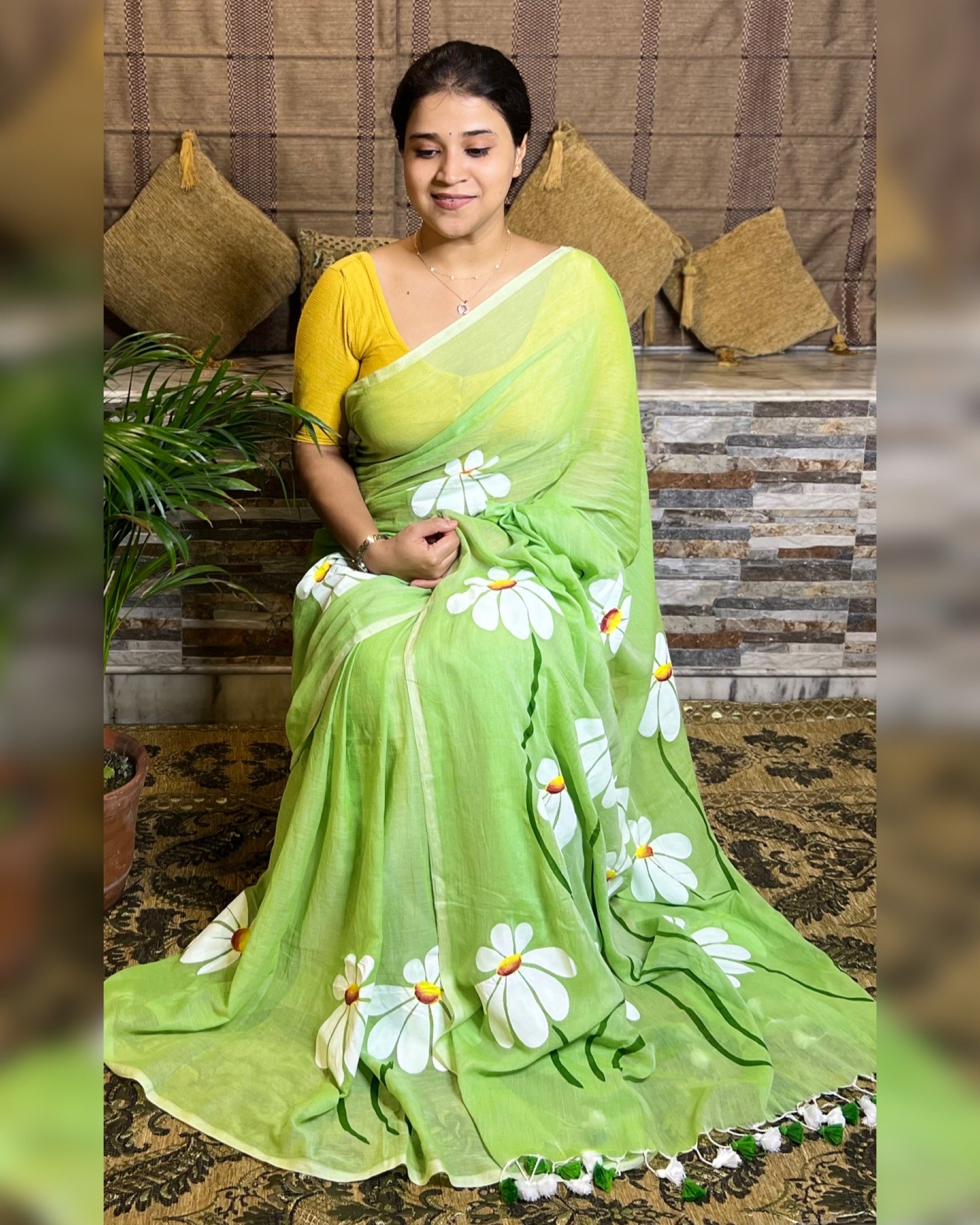 Soft and comfortable light weight light green mulmul cotton saree with floral hand painting good for day time wear