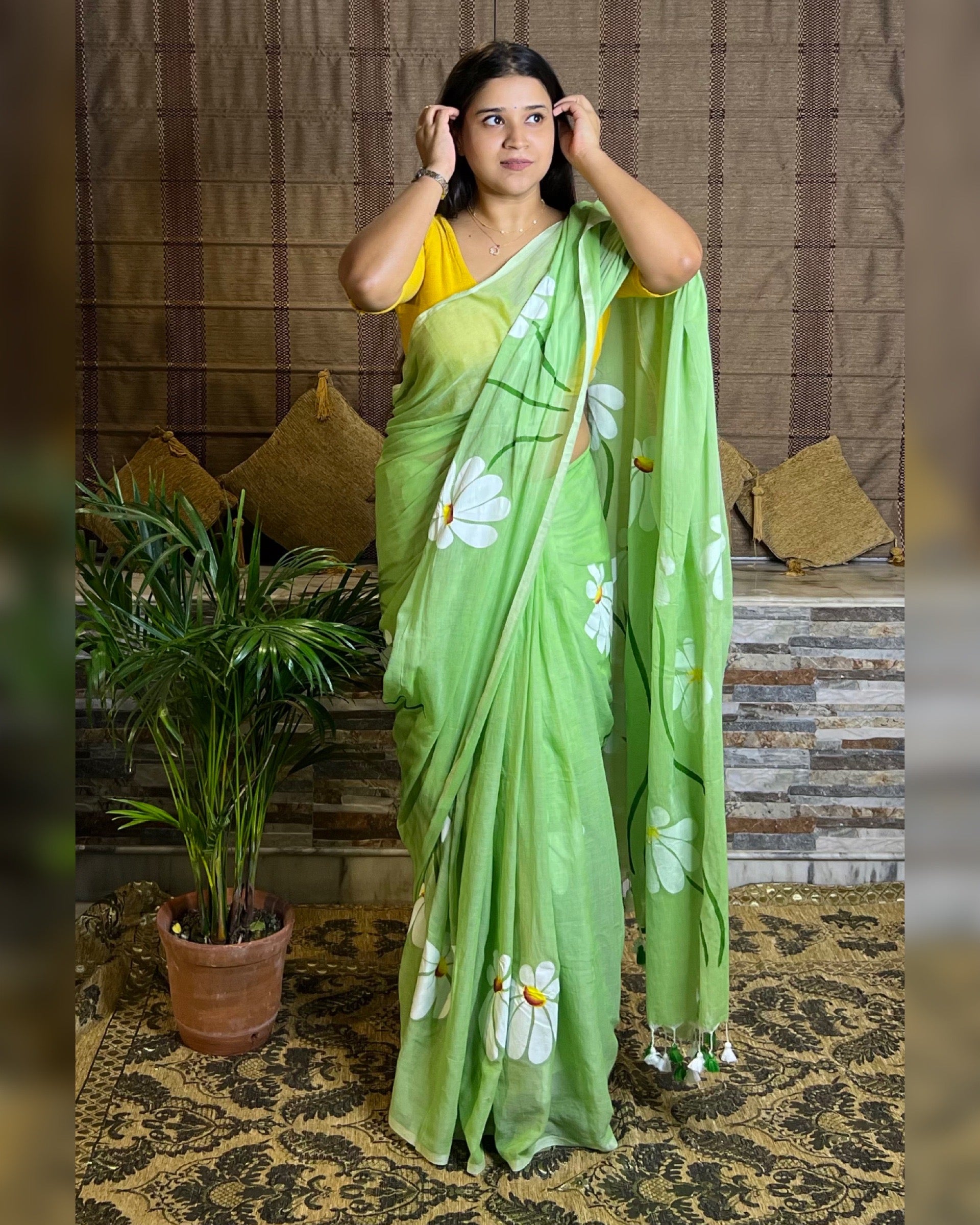 Soft and comfortable light weight light green mulmul cotton saree with floral hand painting good for day time wear