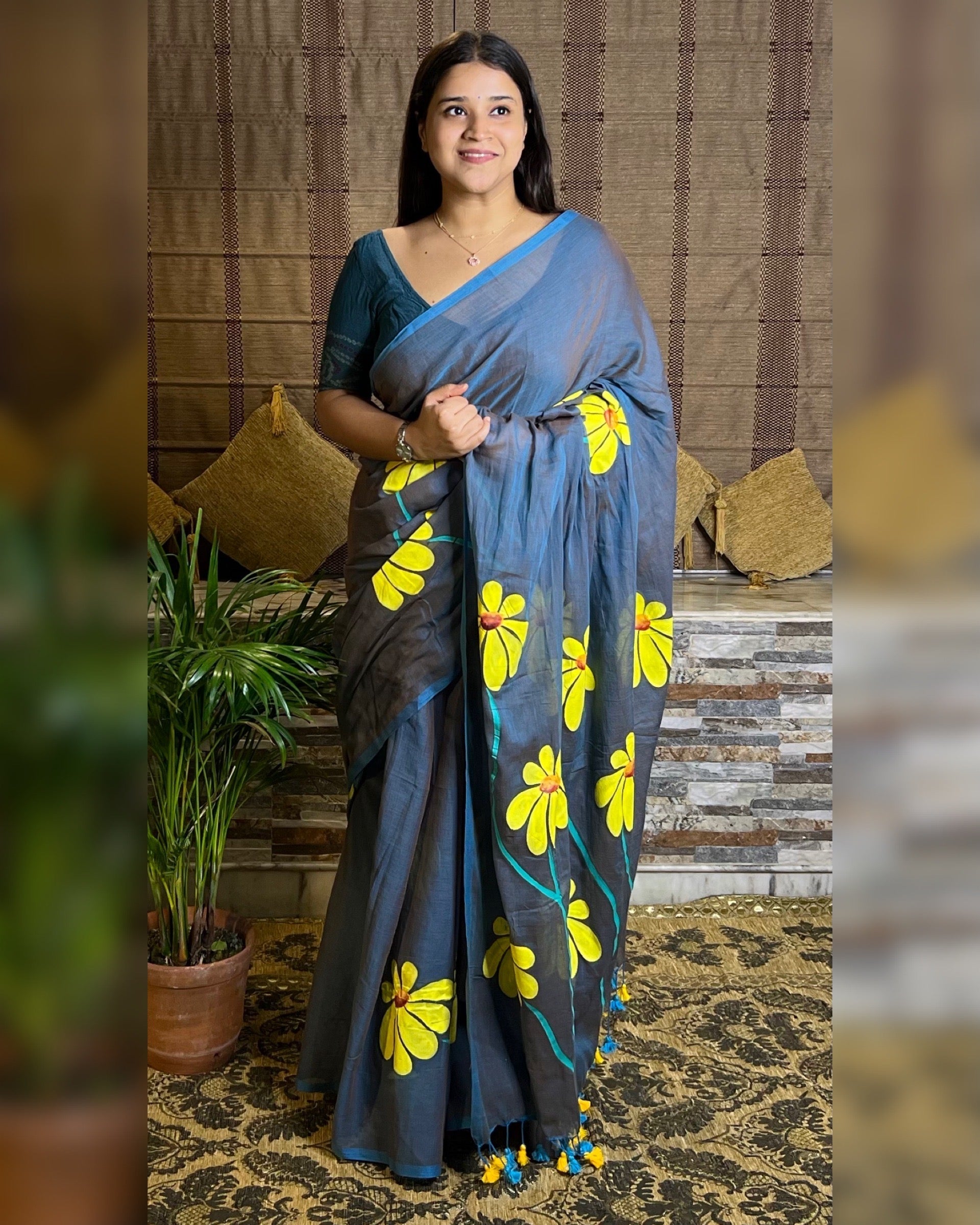 Soft and comfortable light weight dual tone blue mulmul cotton saree with floral hand painting good for day time wear