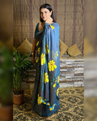 Soft and comfortable light weight dual tone blue mulmul cotton saree with floral hand painting good for day time wear