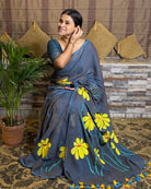 Soft and comfortable light weight dual tone blue mulmul cotton saree with floral hand painting good for day time wear