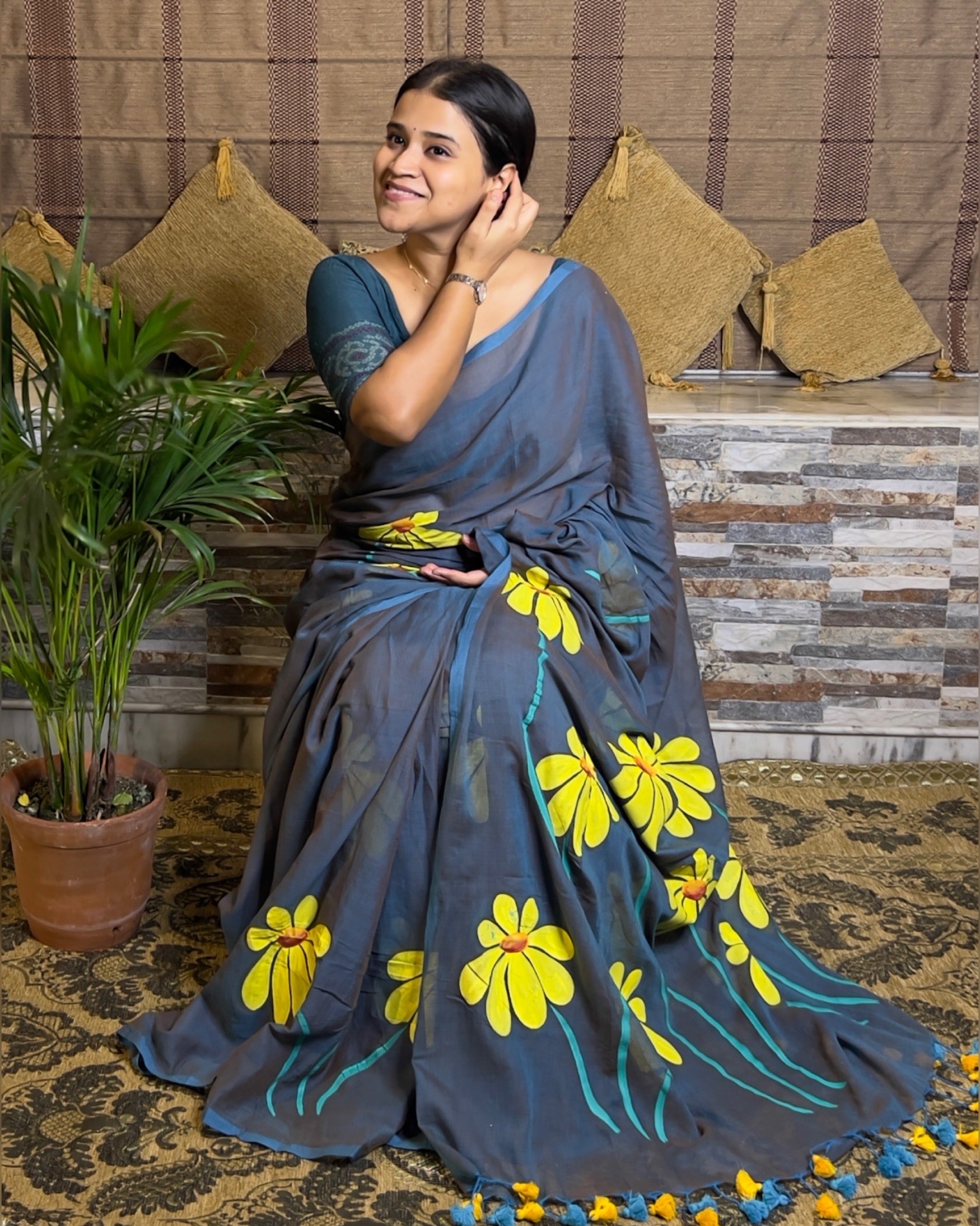 Soft and comfortable light weight dual tone blue mulmul cotton saree with floral hand painting good for day time wear