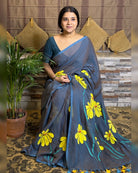 Soft and comfortable light weight dual tone blue mulmul cotton saree with floral hand painting good for day time wear