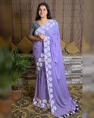 Soft and comfortable light weight lavender mulmul cotton saree with floral hand painting good for day time wear