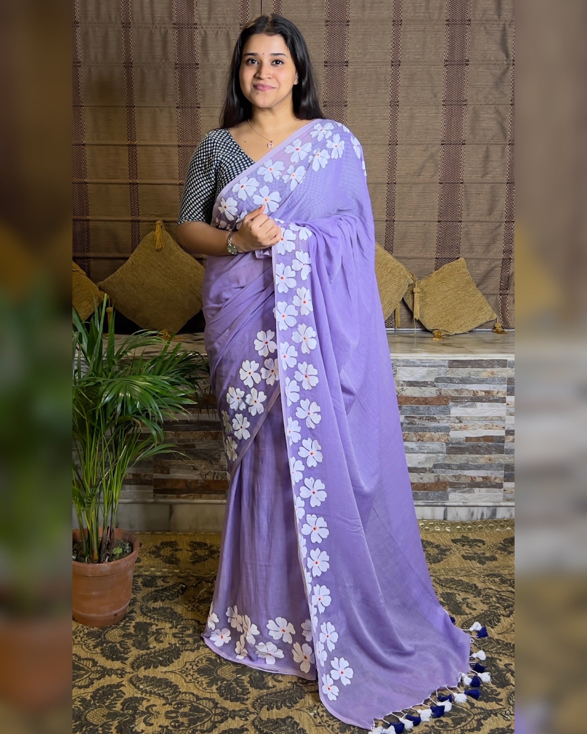 Soft and comfortable light weight lavender mulmul cotton saree with floral hand painting good for day time wear