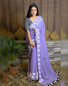 Soft and comfortable light weight lavender mulmul cotton saree with floral hand painting good for day time wear