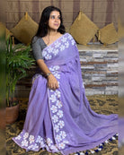 Soft and comfortable light weight lavender mulmul cotton saree with floral hand painting good for day time wear