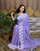 Soft and comfortable light weight lavender mulmul cotton saree with floral hand painting good for day time wear