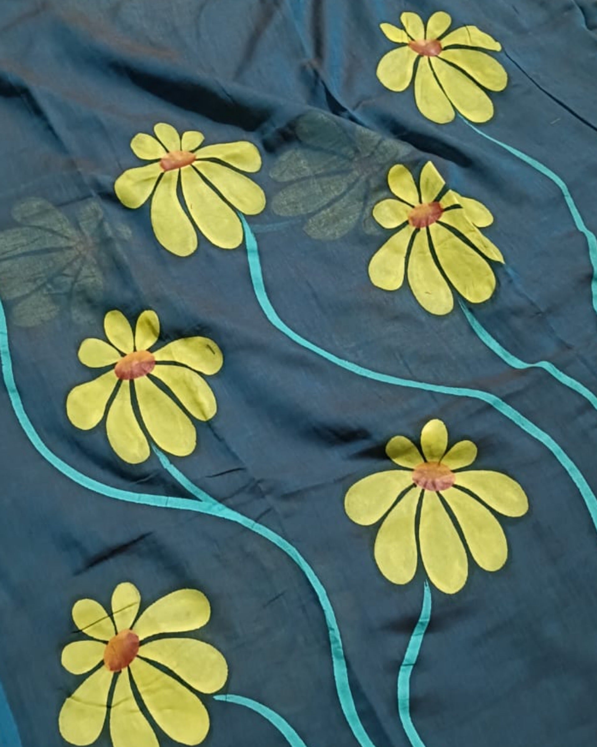 Soft and comfortable light weight dual tone blue mulmul cotton saree with floral hand painting good for day time wear