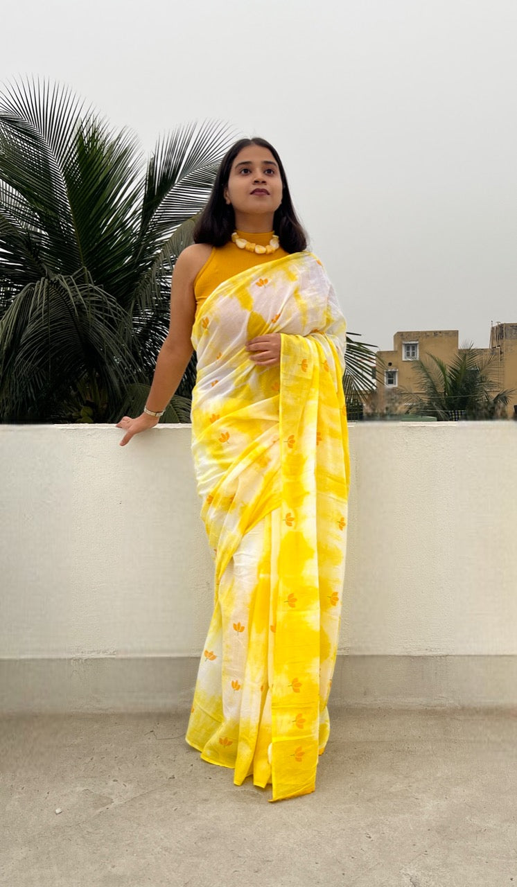 Lemon Yellow Peel Kaliyan  Mulmul cotton Summer Saree - New Collection
