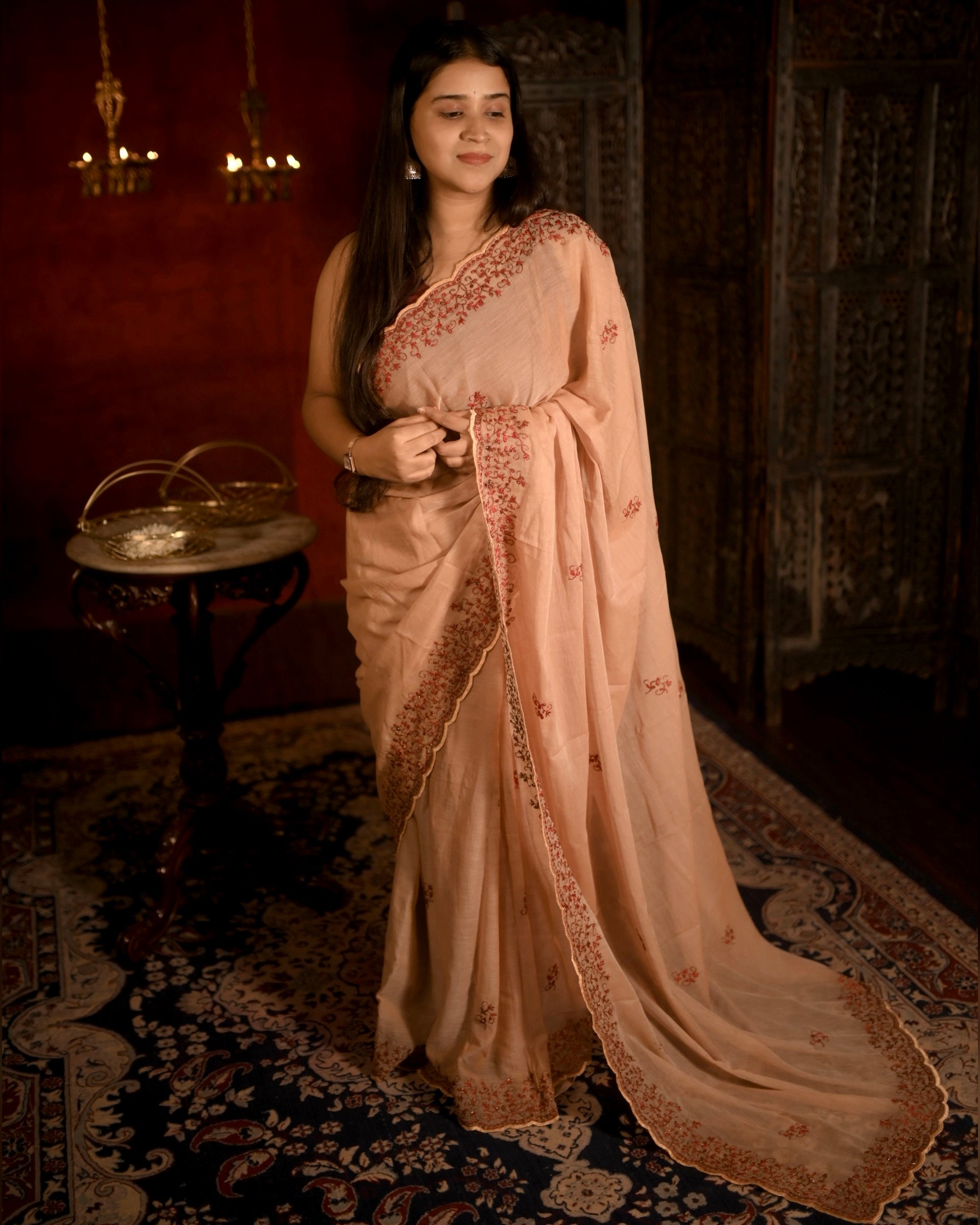 Brown taupe mulmul cotton saree with zari embroidery, lightweight handcrafted elegance for festive moments and summer comfort.