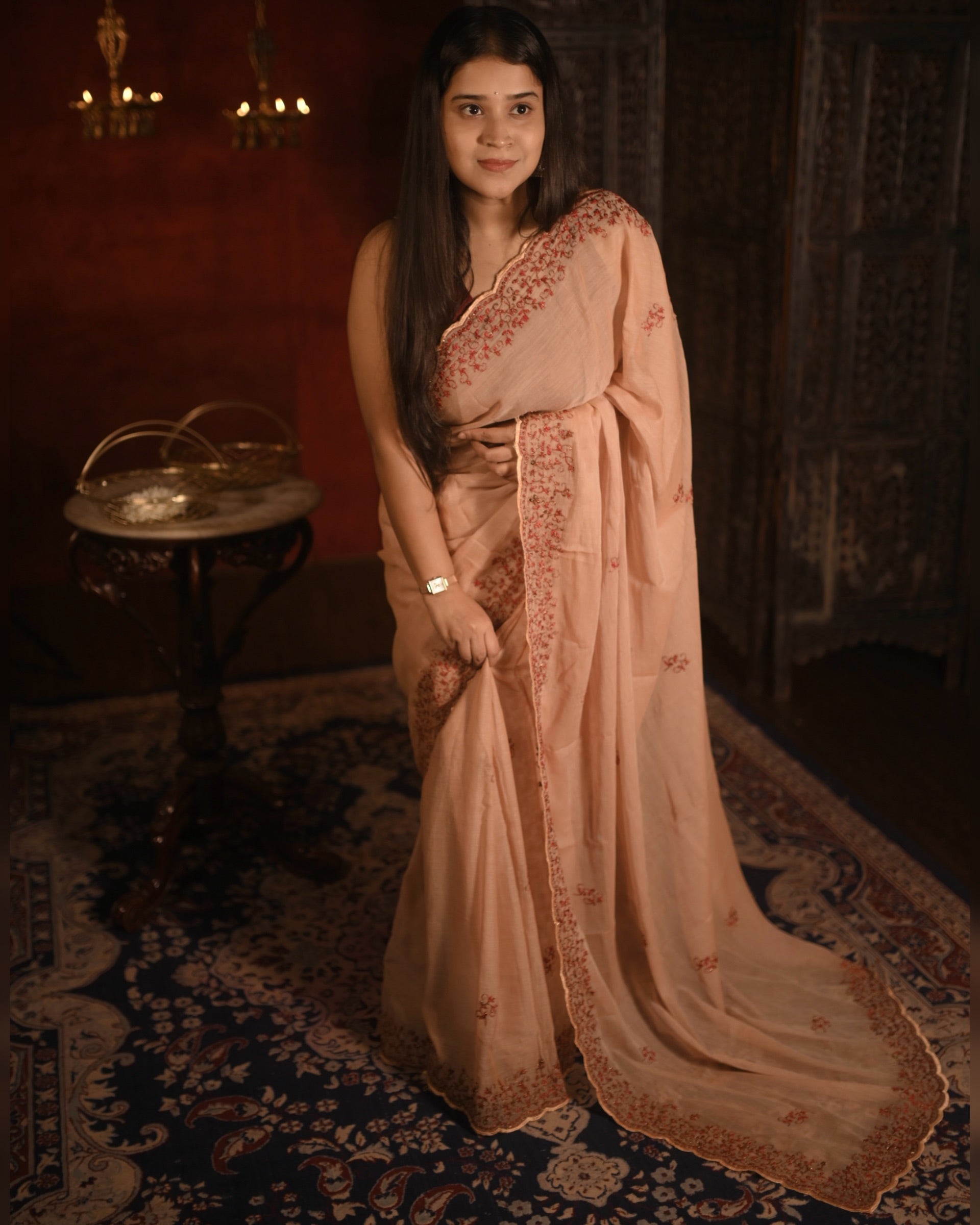 Chandrika mulmul cotton saree in brown taupe, featuring delicate zari embroidery and a breathable feel for summer styling.