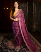 Manjari Zari Embroidered Plum Pink Mulmul Cotton Shopaame Saree in lightweight breathable fabric