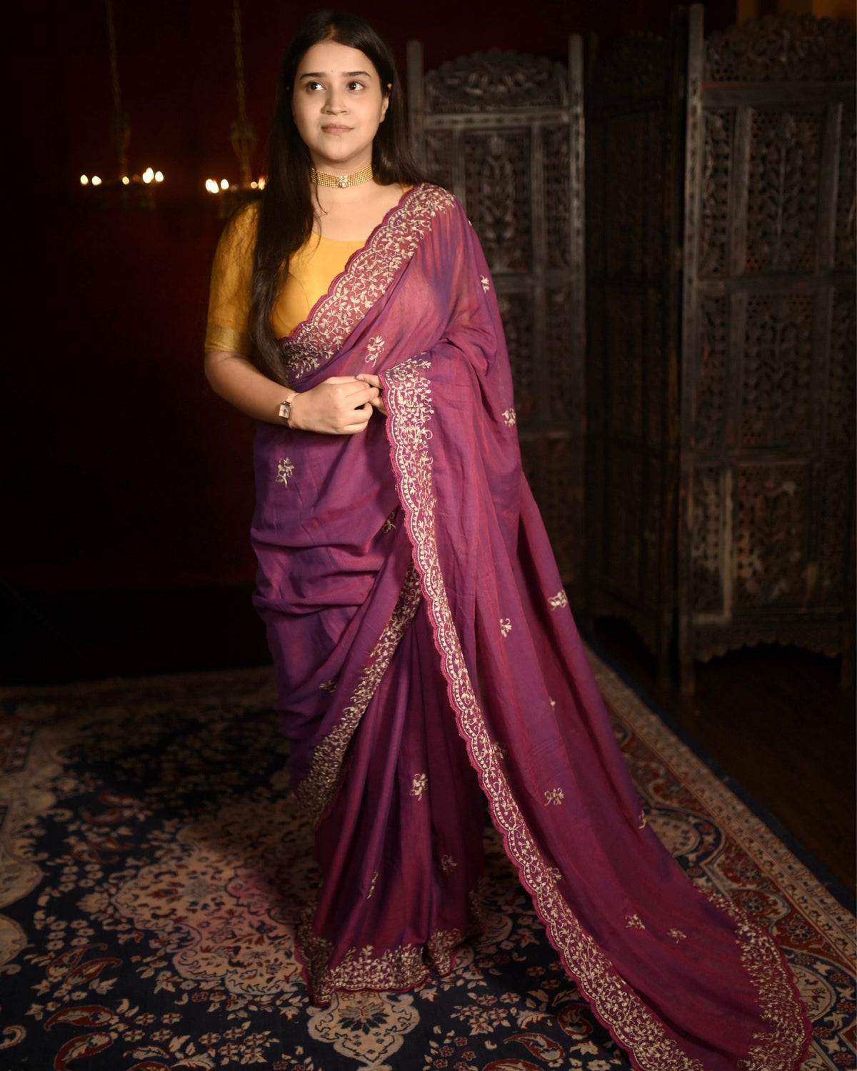 Manjari Zari Embroidered Plum Pink Mulmul Cotton Shopaame Saree in lightweight breathable fabric