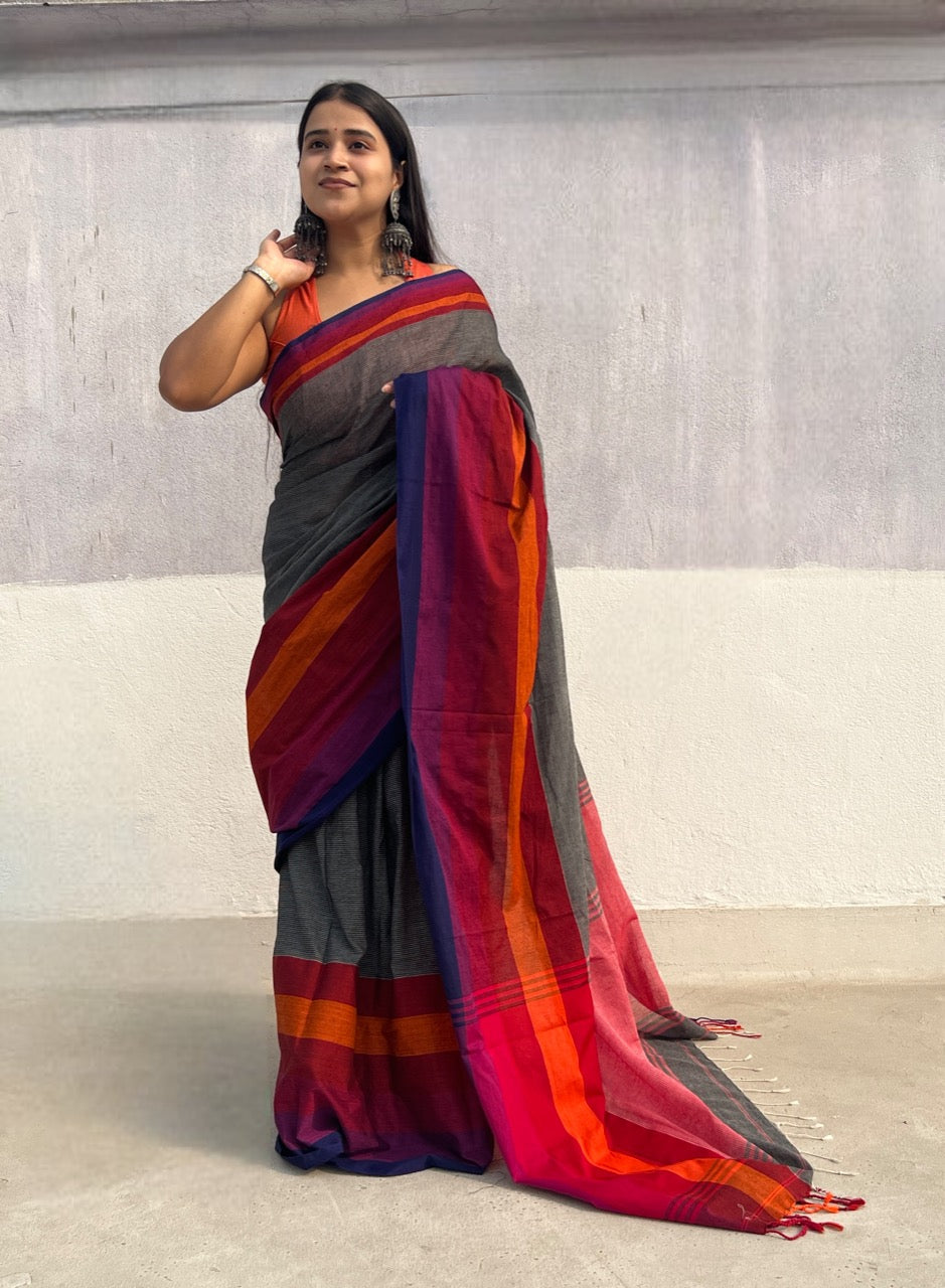 Black striped-multicolour border soft and comfortable Khadi cotton saree 