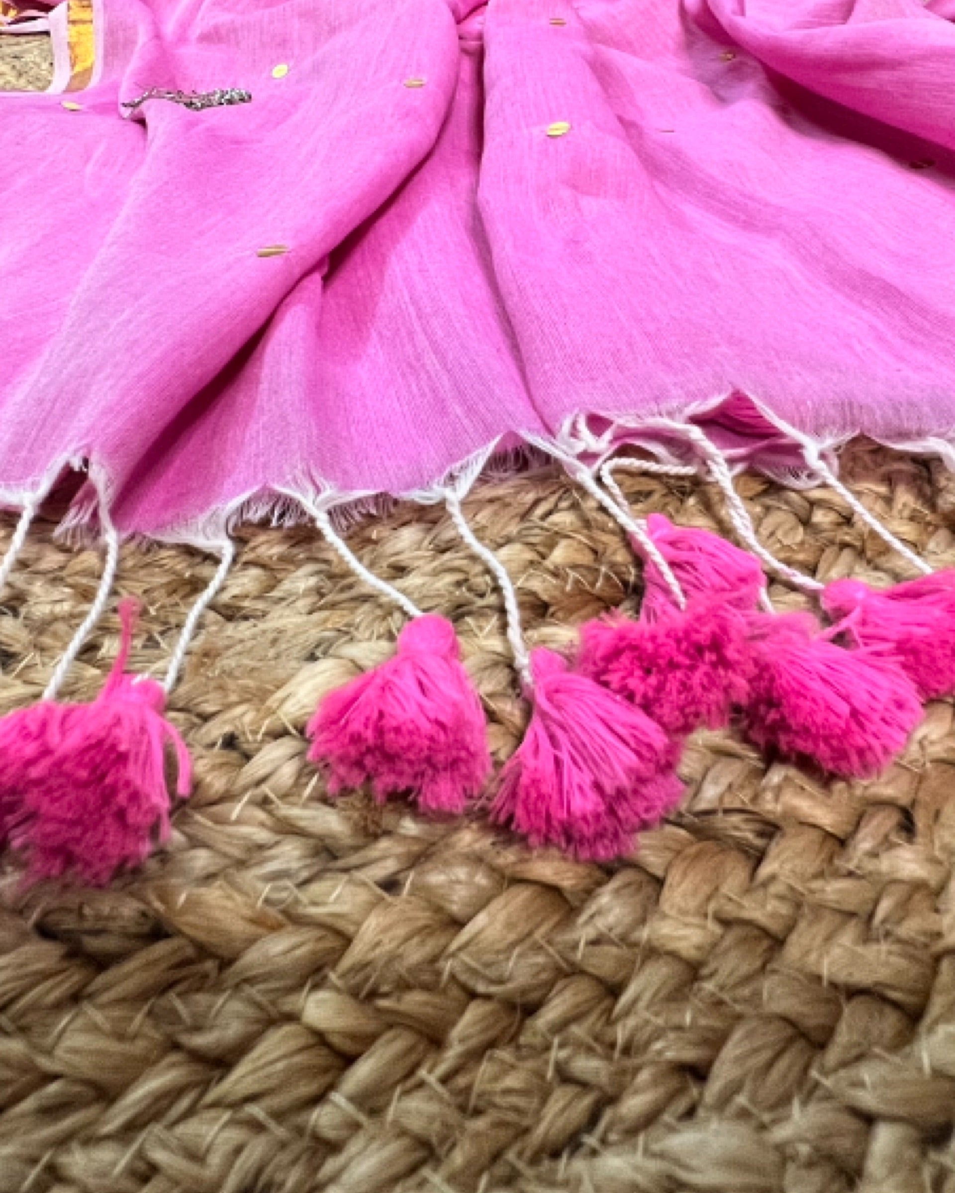 Soft and Comfortable mulmul cotton saree in powder pink shade with sequin emblishment for festive or party wear at reasonable price