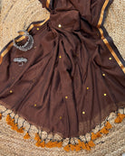 Soft and Comfortable mulmul cotton saree in chocolate caramel brown shade with sequin emblishment for festive or party wear at reasonable price