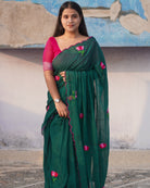 Lotus Lake embroidered mulmul cotton saree, a lightweight breathable saree for summer wear and everyday elegance.