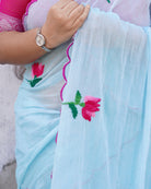 Lotus Shrine embroidered mulmul cotton saree, a lightweight breathable saree for summer wear and festive looks.