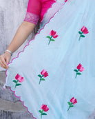 Lightweight embroidered mulmul cotton saree, designed for soft comfort and effortless summer elegance.