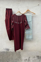 Maroon-Applique and Sujani Kurta Set with Kota Silk Dupatta-bihart