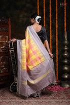 Handloom Peach & Lemon Check Pure Silk Kanchi Saree-Sutra Art of Clothing