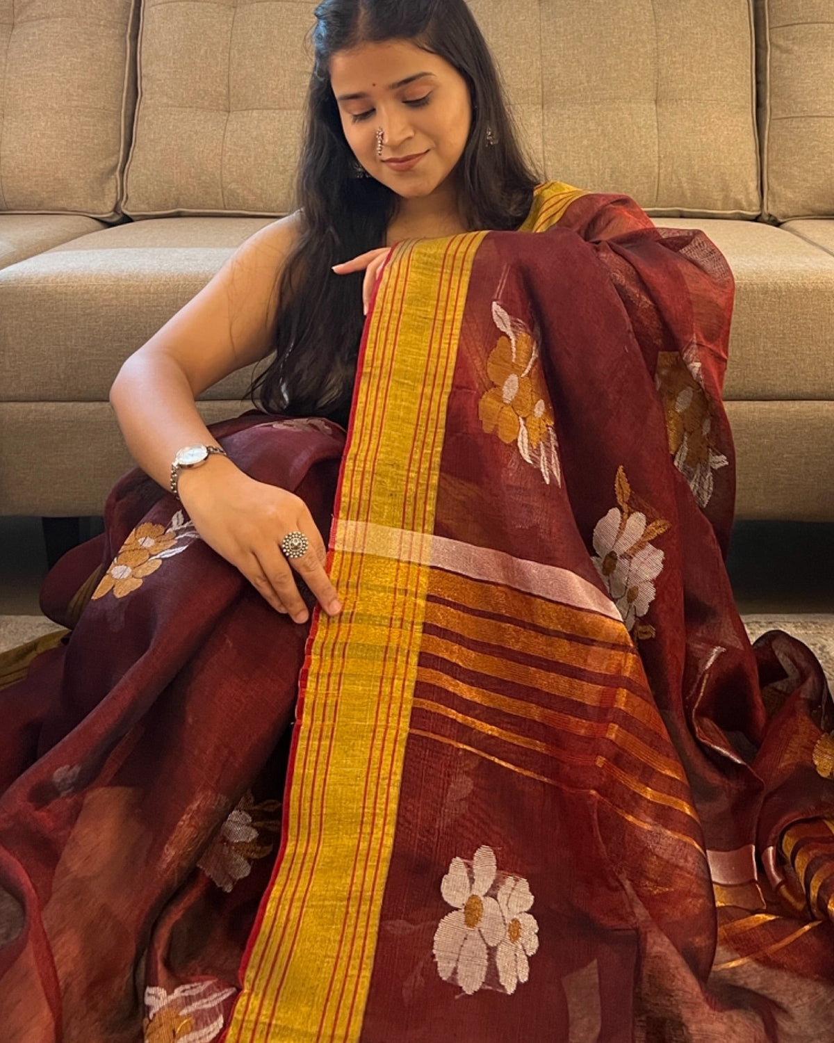 Shop AaMe Gul saree in rich maroon and golden tissue fabric