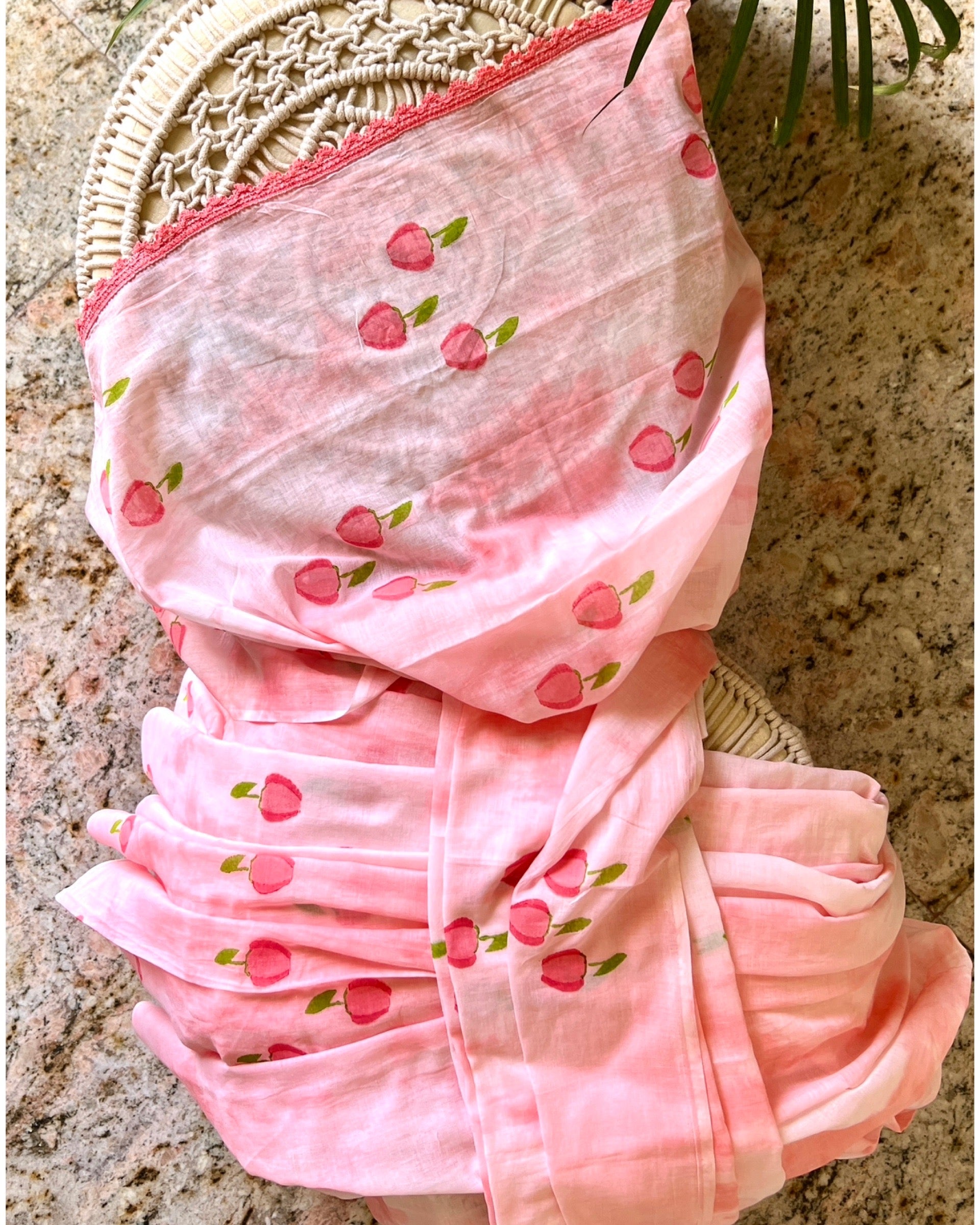 Pink Berry Blossom Mulmul cotton Summer Saree - New Collection