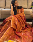 Mrignayani Peach Golden Designer Tissue Saree by Shop AaMe