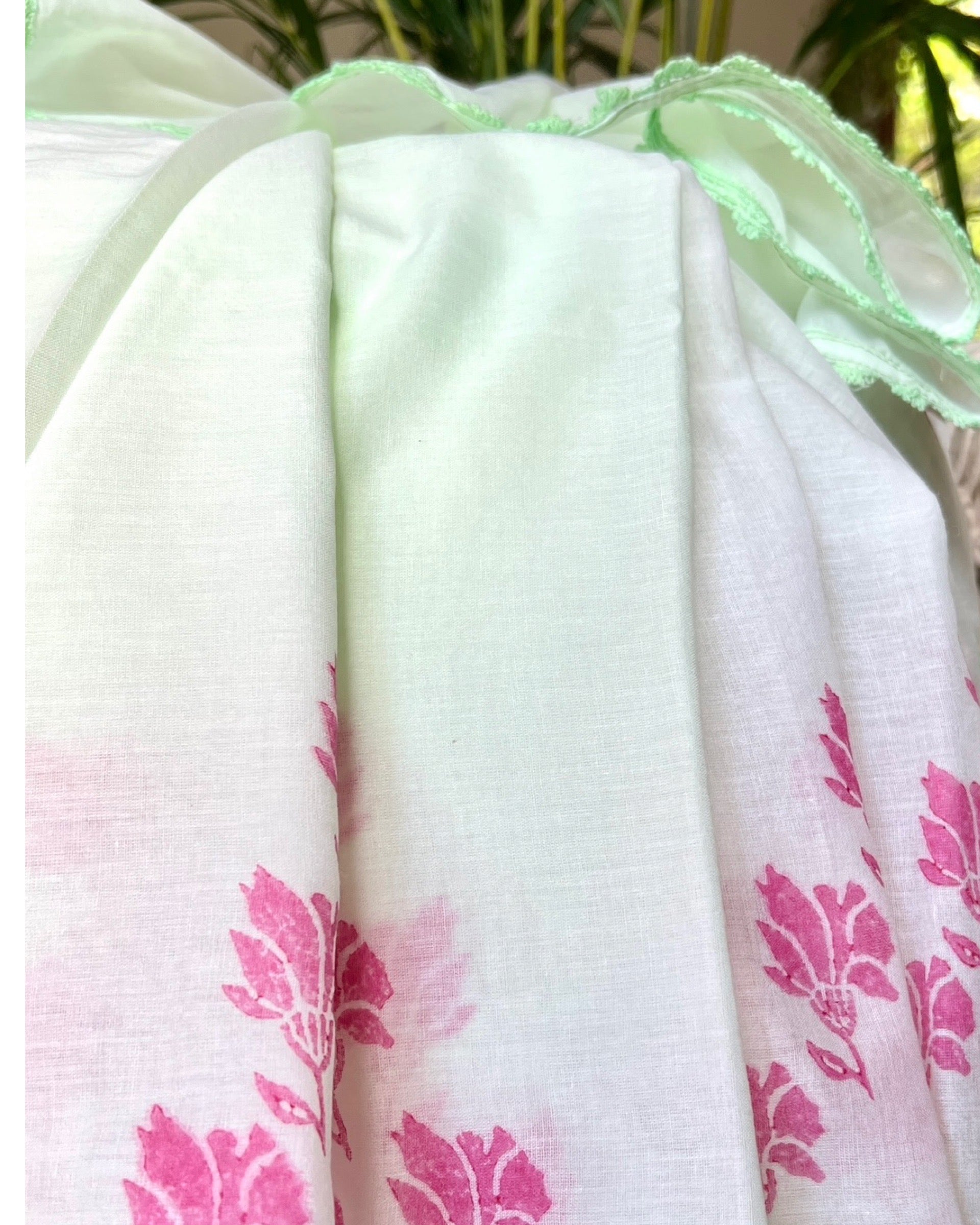Pista Green and pink  Mulmul cotton Summer Saree - New Collection