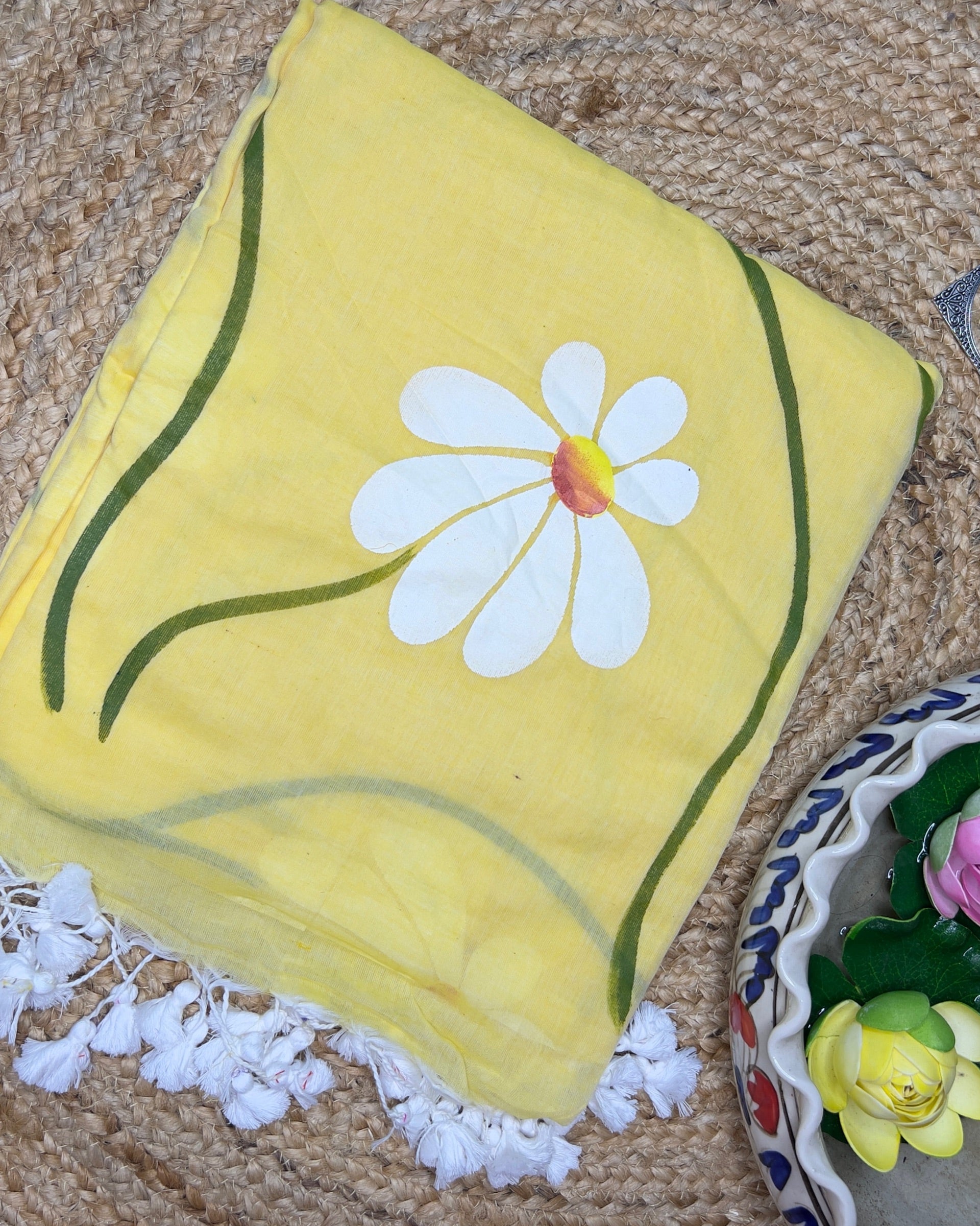 Soft and comfortable light weight lemon yellow mulmul cotton saree with floral hand painting good for day time wear