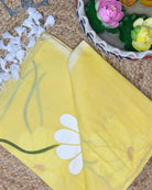Soft and comfortable light weight lemon yellow mulmul cotton saree with floral hand painting good for day time wear