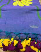 Soft and comfortable light weight blue violet mulmul cotton saree with floral hand painting good for day time wear
