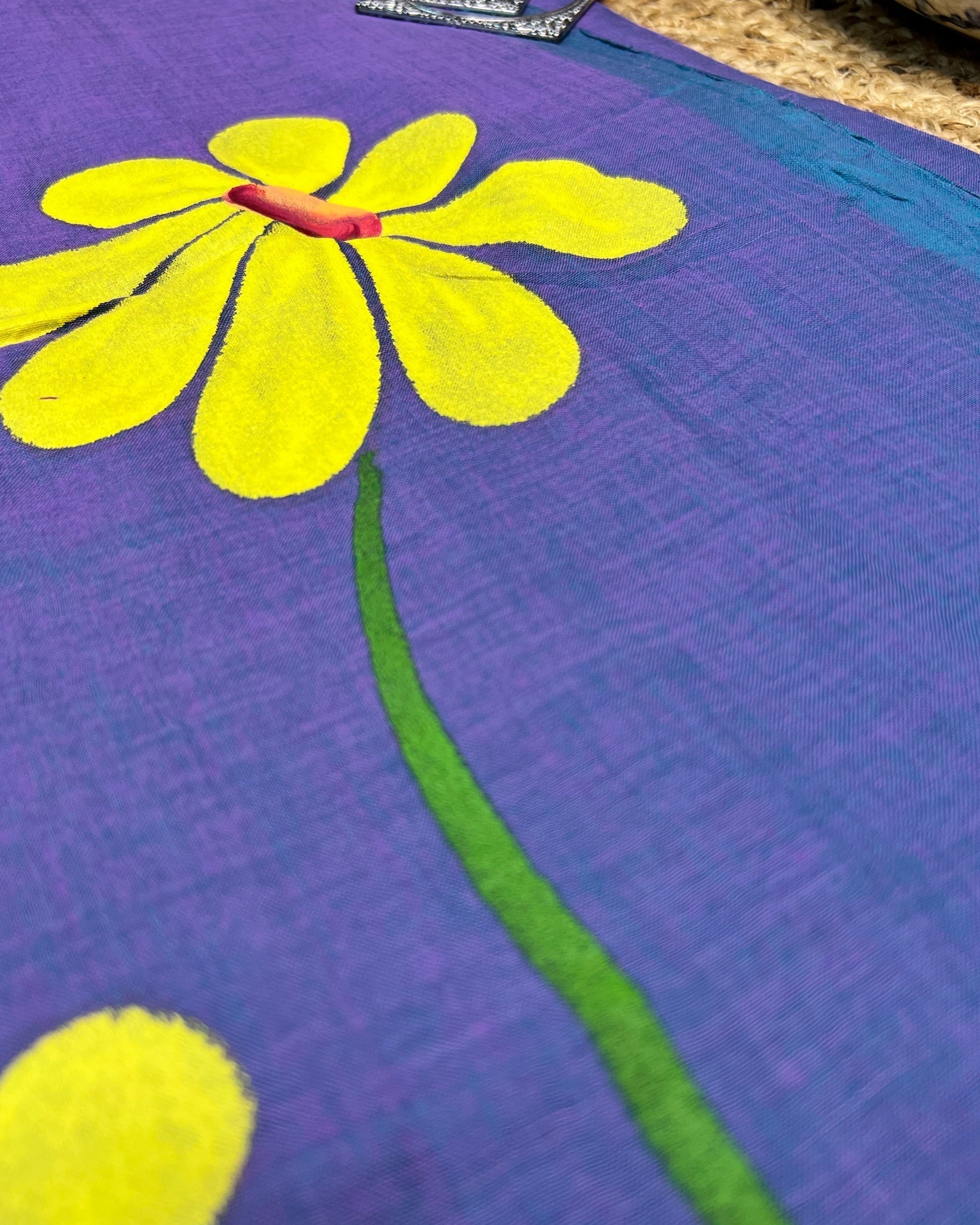 Soft and comfortable light weight blue violet mulmul cotton saree with floral hand painting good for day time wear