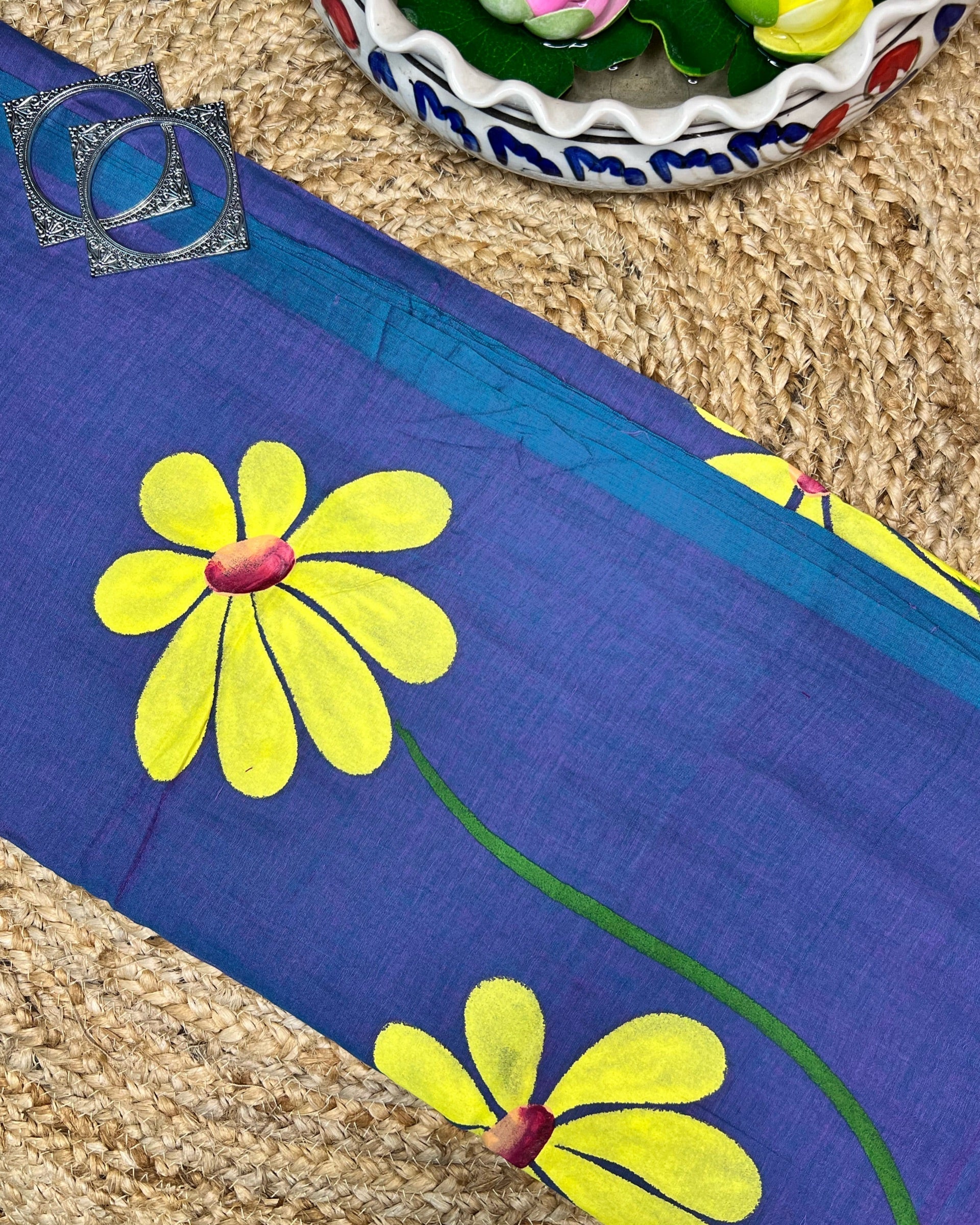 Soft and comfortable light weight blue violet mulmul cotton saree with floral hand painting good for day time wear