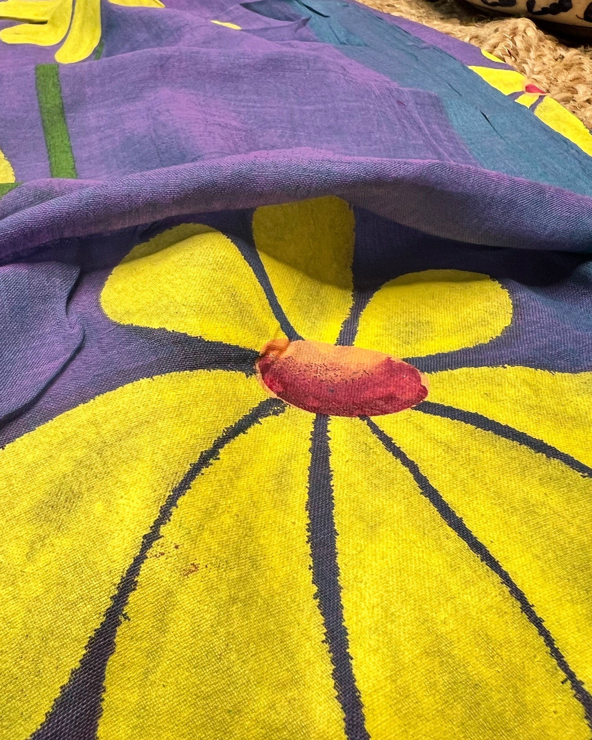 Soft and comfortable light weight blue violet mulmul cotton saree with floral hand painting good for day time wear