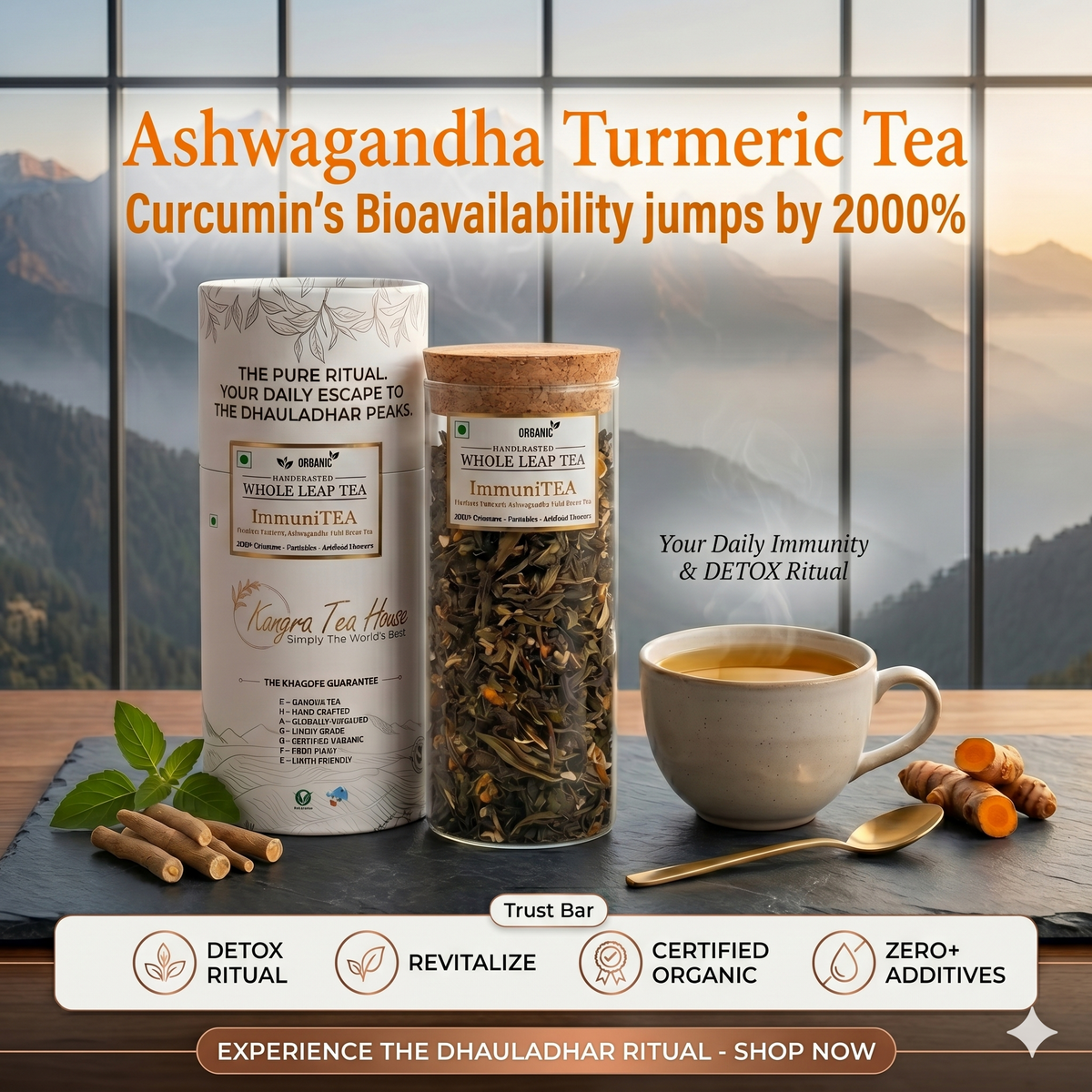 Organic turmeric ashwagandha green tea pouch – ImmuniTEA – Kangra Tea House