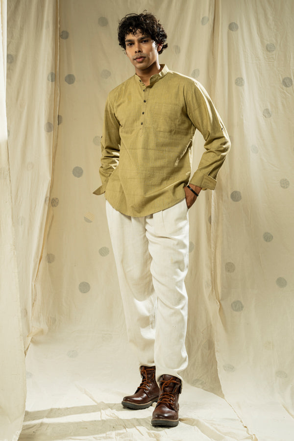 Handwoven heritage- green essential men’s kurta with mandarin collar - organic men