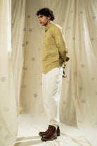Handwoven heritage- green essential men’s kurta with mandarin collar - organic men