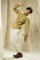 Handwoven heritage- green essential men’s kurta with mandarin collar - organic men