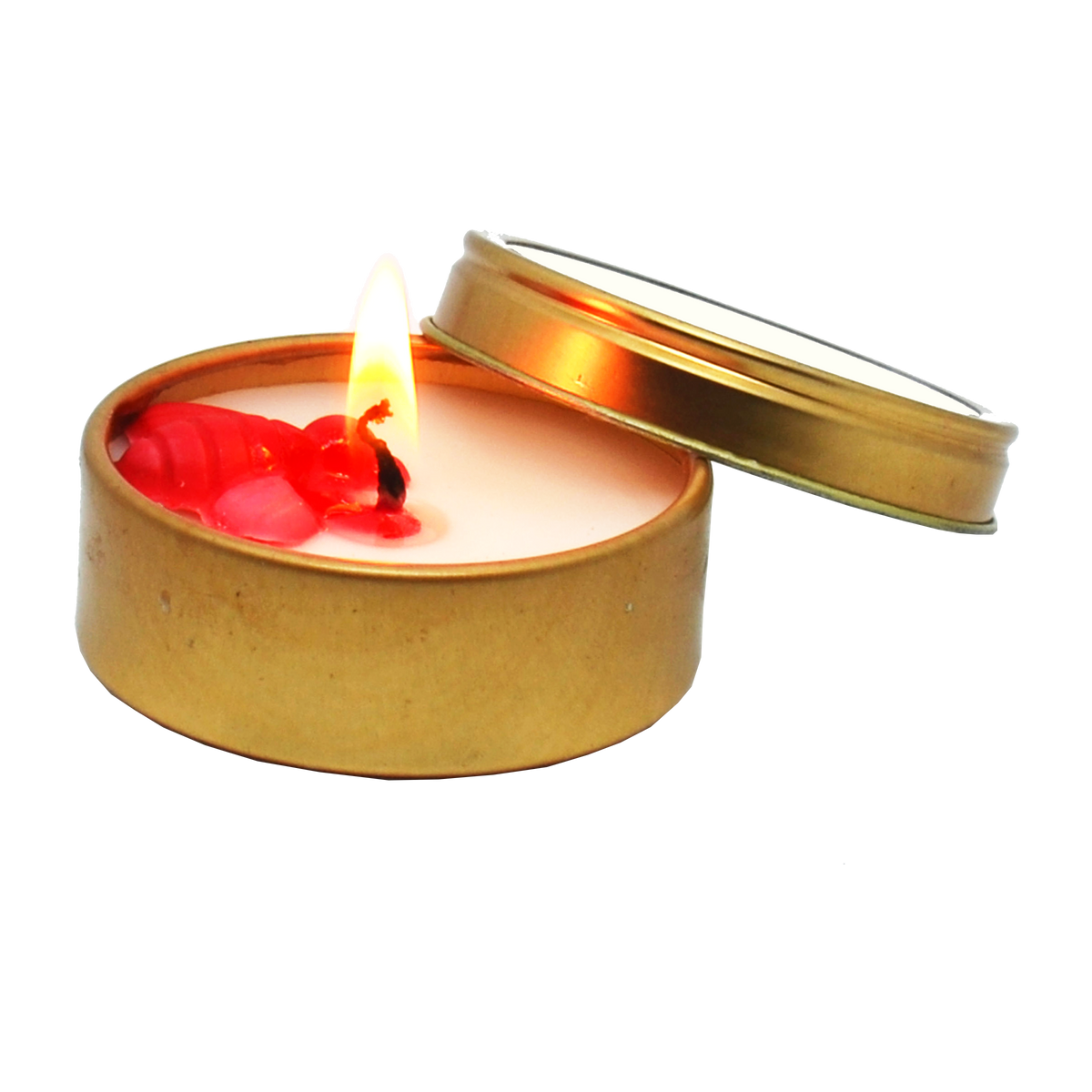 Small candle in a gold tin with a lid, featuring a red wick on a white background.